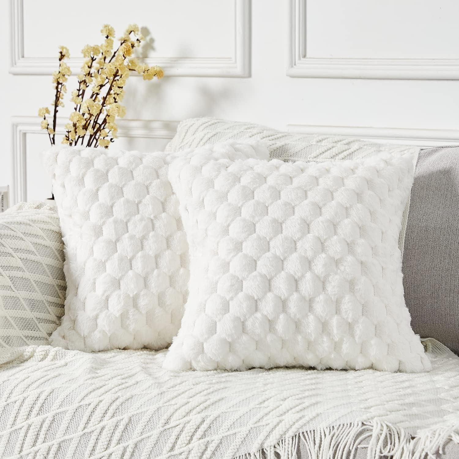 2-Pack Super Soft Fuzzy Throw Pillow Covers – 16x16" Beige Faux Fur Cushion Covers