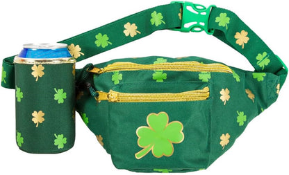 St Patrick’S Dublin' Drinker Fanny Pack W/Drink Accessories - Green Clover Waist Bag with 2 Attached Beverage Holsters - Multiple Zipper Pocket Belt Bag for Parties Celebrations