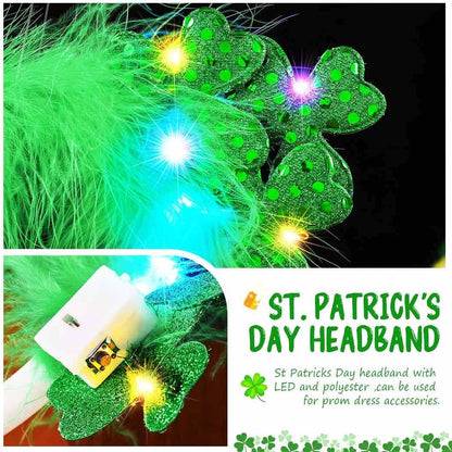 Glow Up for St. Patrick’s Day! 🍀 LED Shamrock Headband with Green Feathers & Cat Ears – Festive & Fun Hair Accessory!