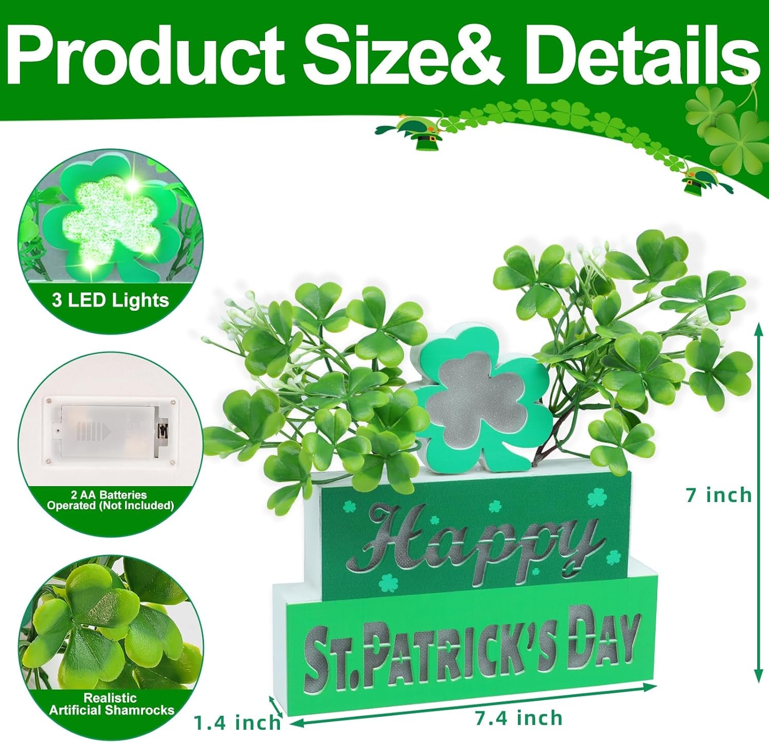 St. Patrick’s Day Table Centerpieces – Wooden Blocks with Lighted 3D Letters, Shamrocks, Flowers, & Timer