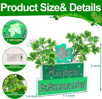 St. Patrick’s Day Table Centerpieces – Wooden Blocks with Lighted 3D Letters, Shamrocks, Flowers, & Timer
