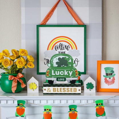 St. Patrick’s Day 3-Layered Wood Green Truck Decor – Shamrock Ornaments & "Lucky & BLESSED" Sign for Home, Table, Mantel