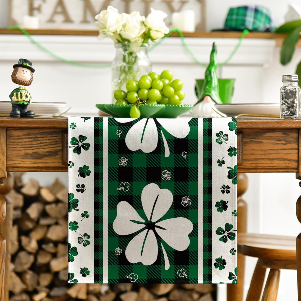 Green Clover Buffalo Plaid St. Patrick’s Day Table Runner – 13x72 Inch Seasonal Dining & Kitchen Decoration