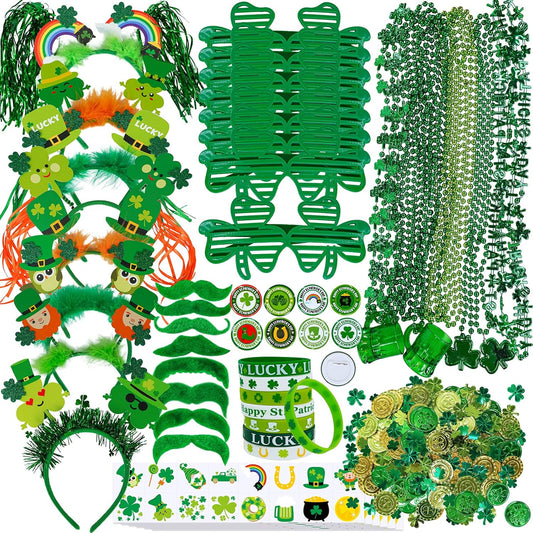 Bulk St. Patrick'S Day Novelty Jewelry Assortment St. Pat'S Party Favors Supplies Shamrock Necklace Coins Head Bopper Bracelet Tattoo Mustaches Accessories for St. Patty'S Day Irish Party Decor
