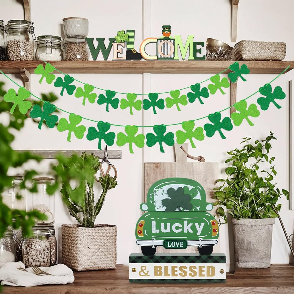 St. Patrick’s Day 3-Layered Wood Green Truck Decor – Shamrock Ornaments & "Lucky & BLESSED" Sign for Home, Table, Mantel