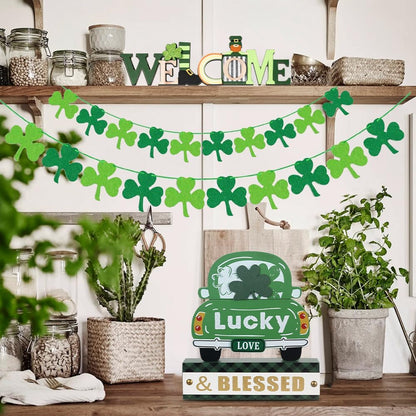 St. Patrick’s Day 3-Layered Wood Green Truck Decor – Shamrock Ornaments & "Lucky & BLESSED" Sign for Home, Table, Mantel