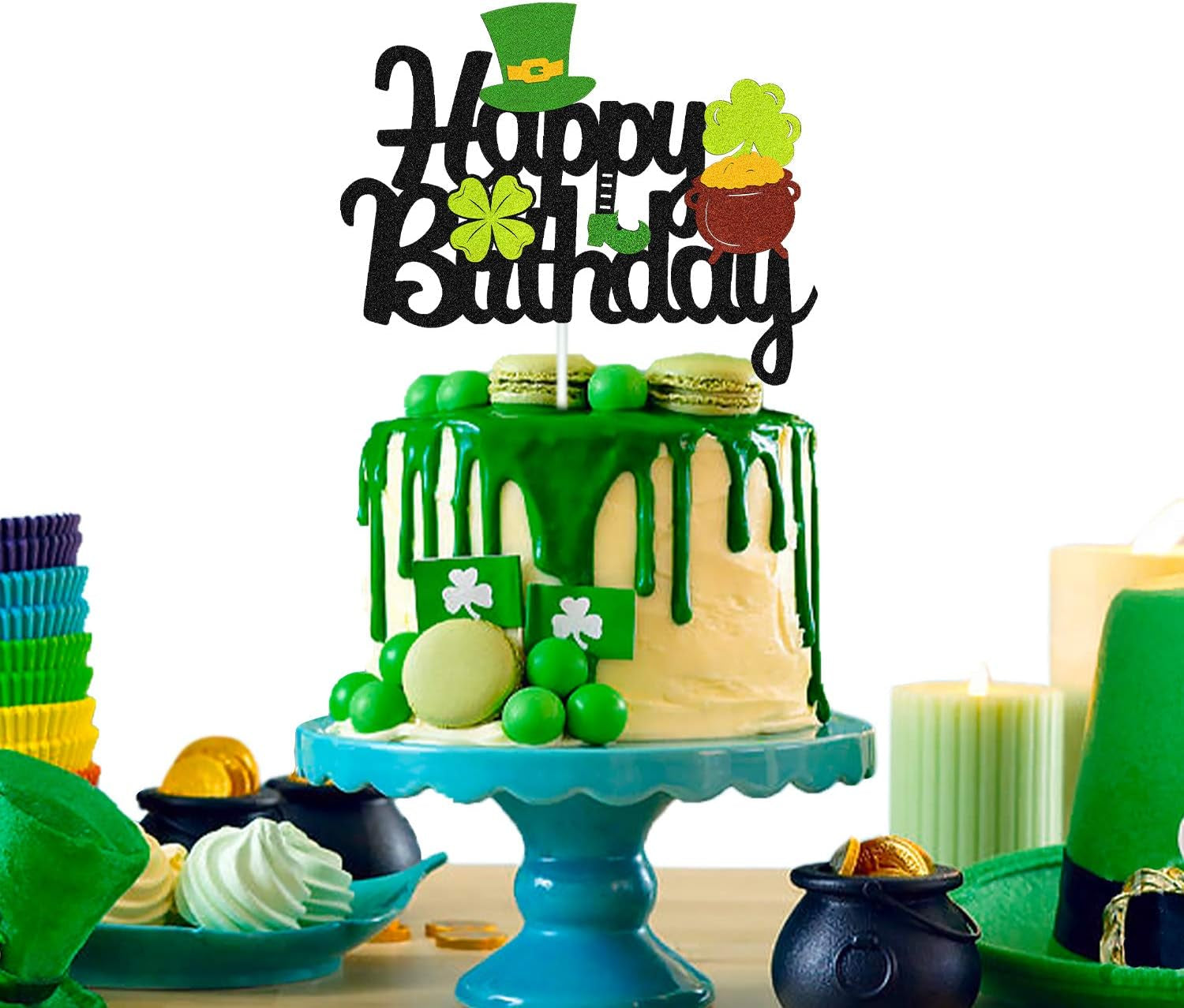 St Patricks Day Birthday Cake Topper Lucky Day Four Leaf Clover Shamrock Irish Themed Smash Decorations