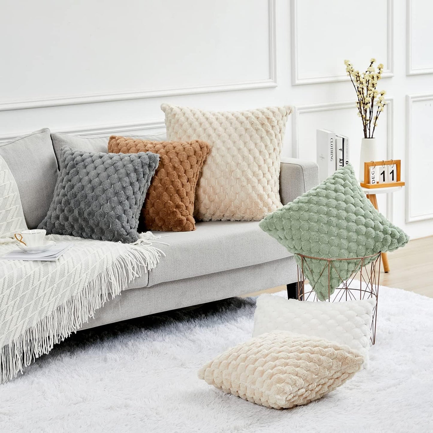 2-Pack Super Soft Fuzzy Throw Pillow Covers – 16x16" Beige Faux Fur Cushion Covers