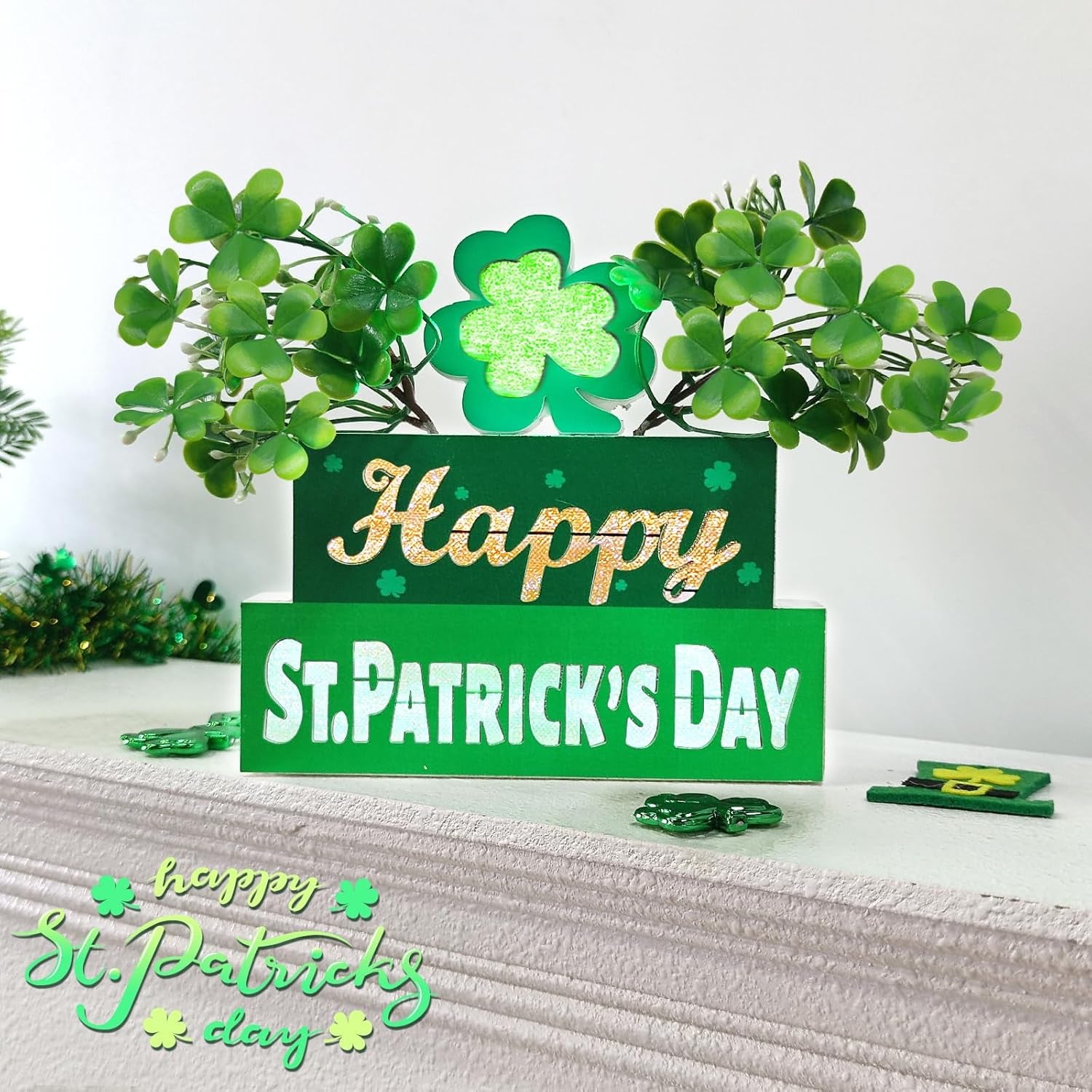 St. Patrick’s Day Table Centerpieces – Wooden Blocks with Lighted 3D Letters, Shamrocks, Flowers, & Timer
