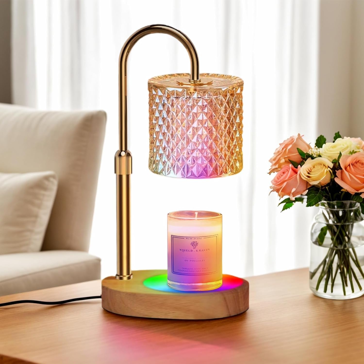 Candle Warmer Lamp with 8 Color LED & Timer | RGB Dimmable Wax Melt Warmer | Adjustable Height for All Scented Candles 