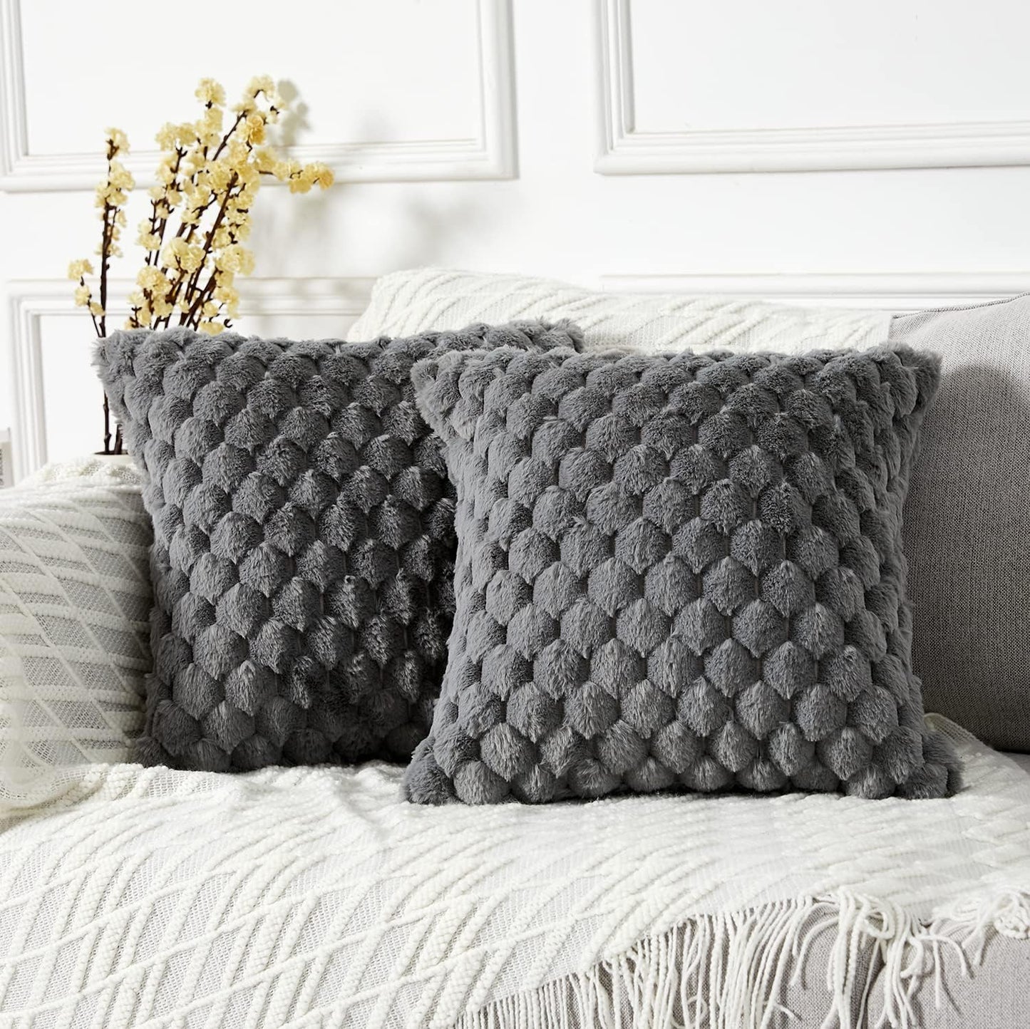 2-Pack Super Soft Fuzzy Throw Pillow Covers – 16x16" Beige Faux Fur Cushion Covers