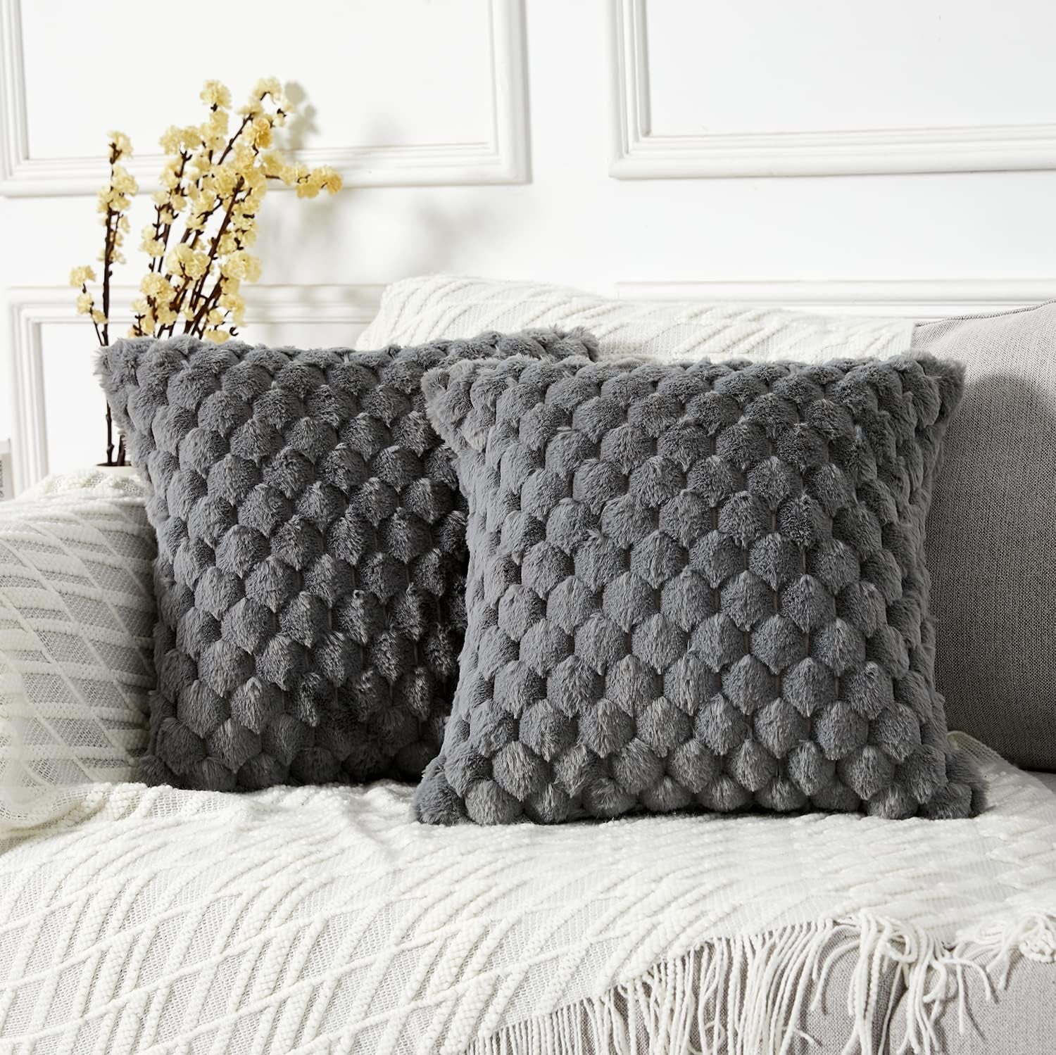 2-Pack Super Soft Fuzzy Throw Pillow Covers – 16x16" Beige Faux Fur Cushion Covers
