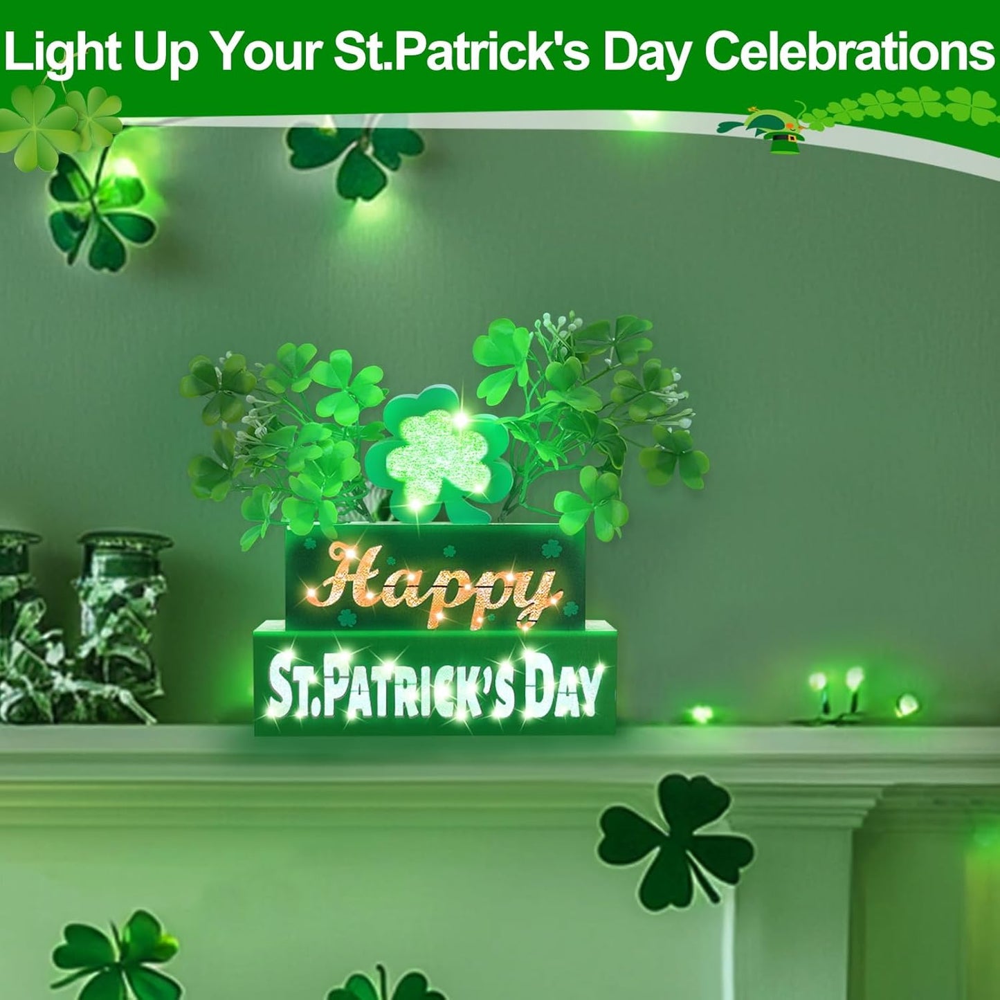 St. Patrick’s Day Table Centerpieces – Wooden Blocks with Lighted 3D Letters, Shamrocks, Flowers, & Timer