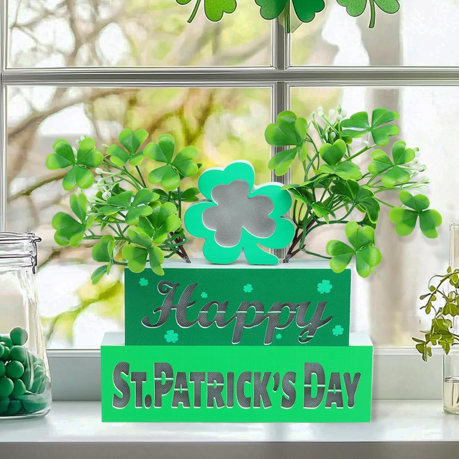 St. Patrick’s Day Table Centerpieces – Wooden Blocks with Lighted 3D Letters, Shamrocks, Flowers, & Timer