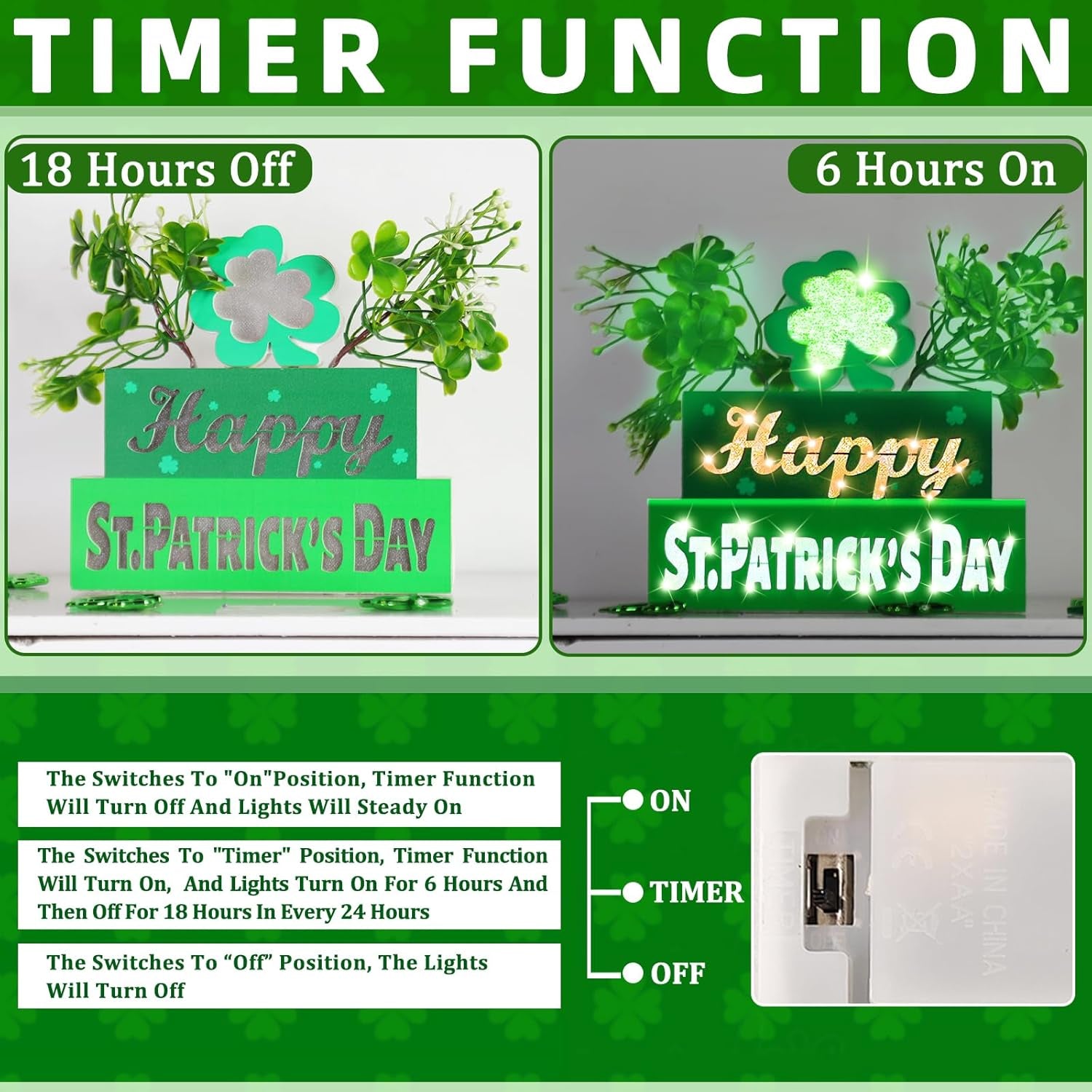 St. Patrick’s Day Table Centerpieces – Wooden Blocks with Lighted 3D Letters, Shamrocks, Flowers, & Timer
