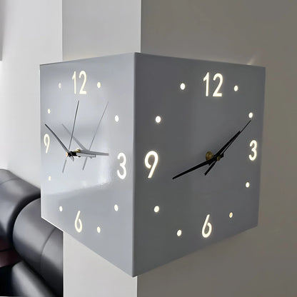 Double-Sided Wall Clock with Night Light – Nordic Hanging Corner Clock for Living Room Décor (White)