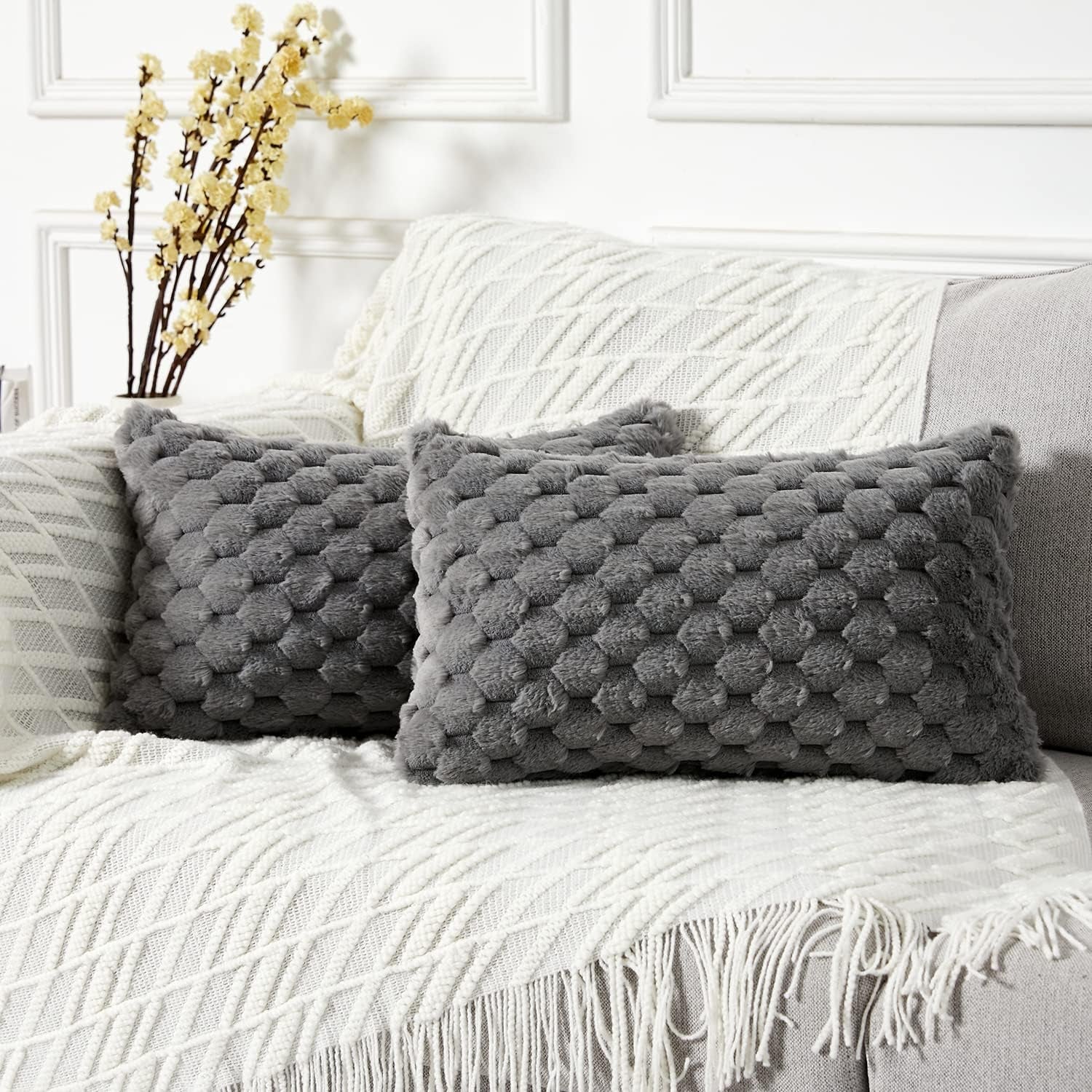 2-Pack Super Soft Fuzzy Throw Pillow Covers – 16x16" Beige Faux Fur Cushion Covers