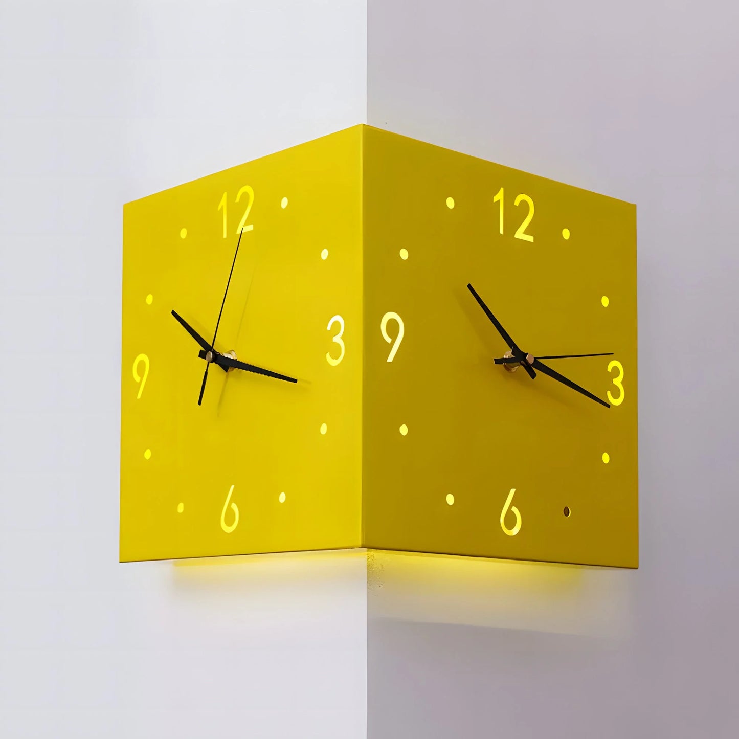 Double-Sided Wall Clock with Night Light – Nordic Hanging Corner Clock for Living Room Décor (White)
