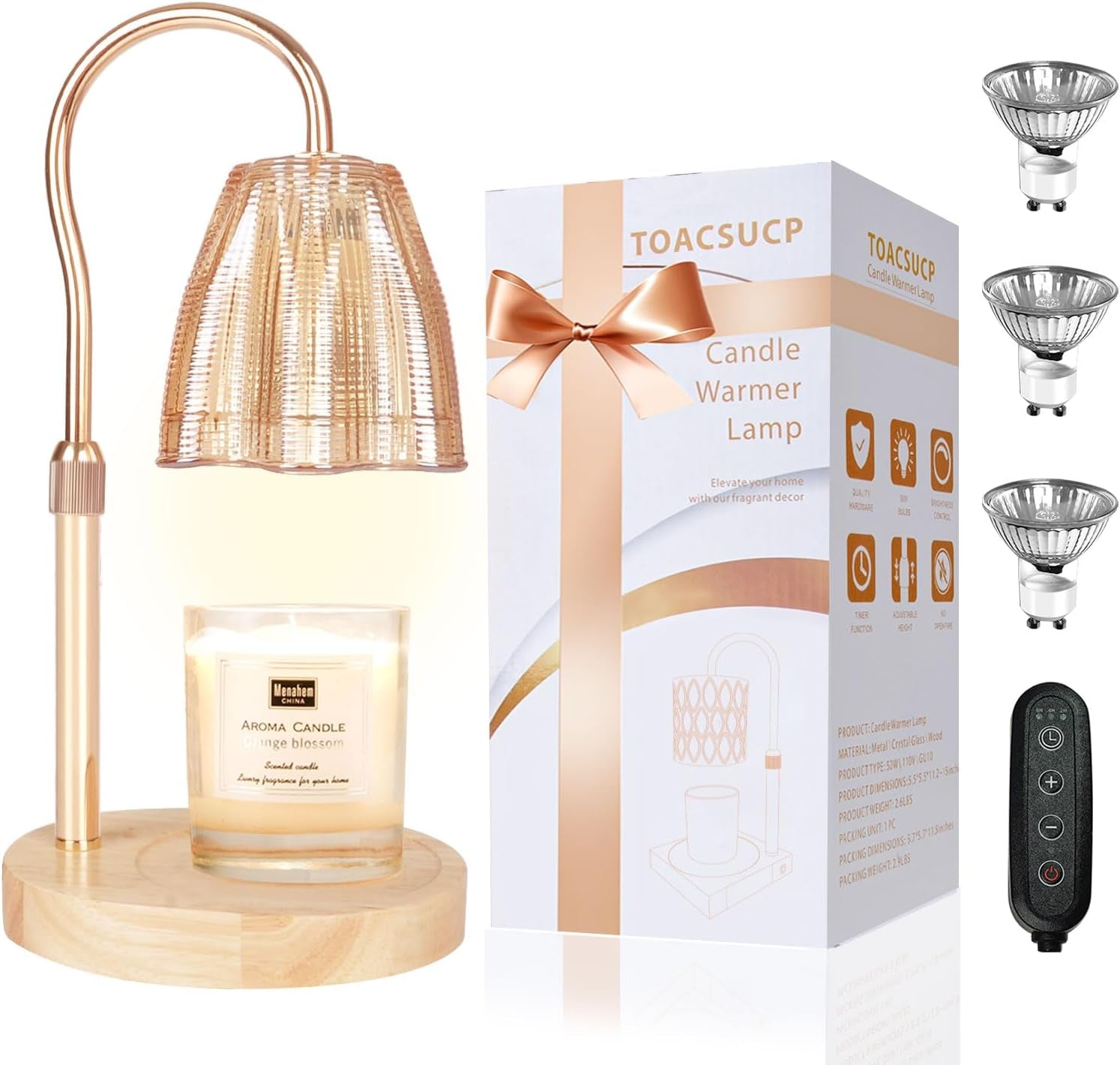 Candle Warmer Lamp with 3 Bulbs, Adjustable Height Dimmable Candle Warmer with Timer, Compatible with Large Jar Candles, Candle Lamp with Charming Gift Box Ribbon for Her/Him(Natural Wood)