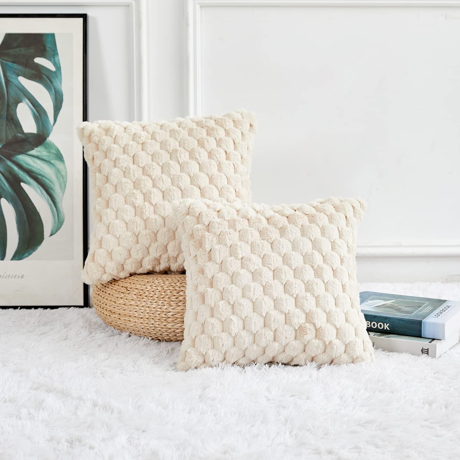 2-Pack Super Soft Fuzzy Throw Pillow Covers – 16x16" Beige Faux Fur Cushion Covers