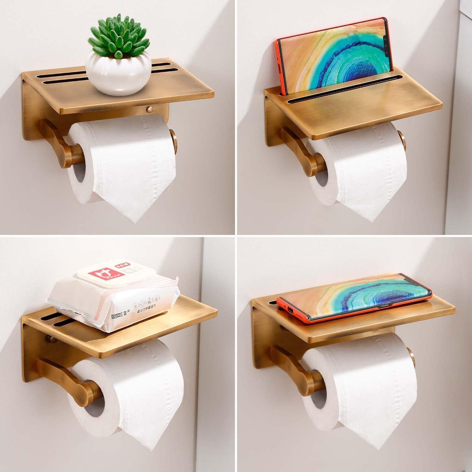 Smart Phone Holder- Smart Home Toilet Paper Holder with Built-In Shelf – Antique Brass Finish! Upgrade Your Bathroom! 🚽✨ 