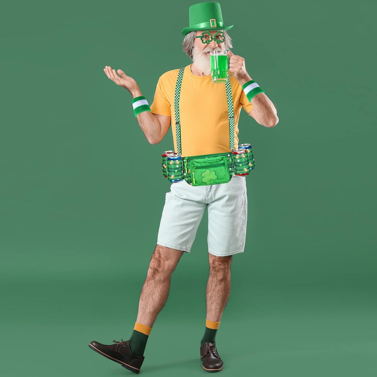 10 Pcs St. Patrick'S Day Fanny Pack Shamrocks Belt Bag Fanny Pack with Suspenders Drink Holder Headband Wristband