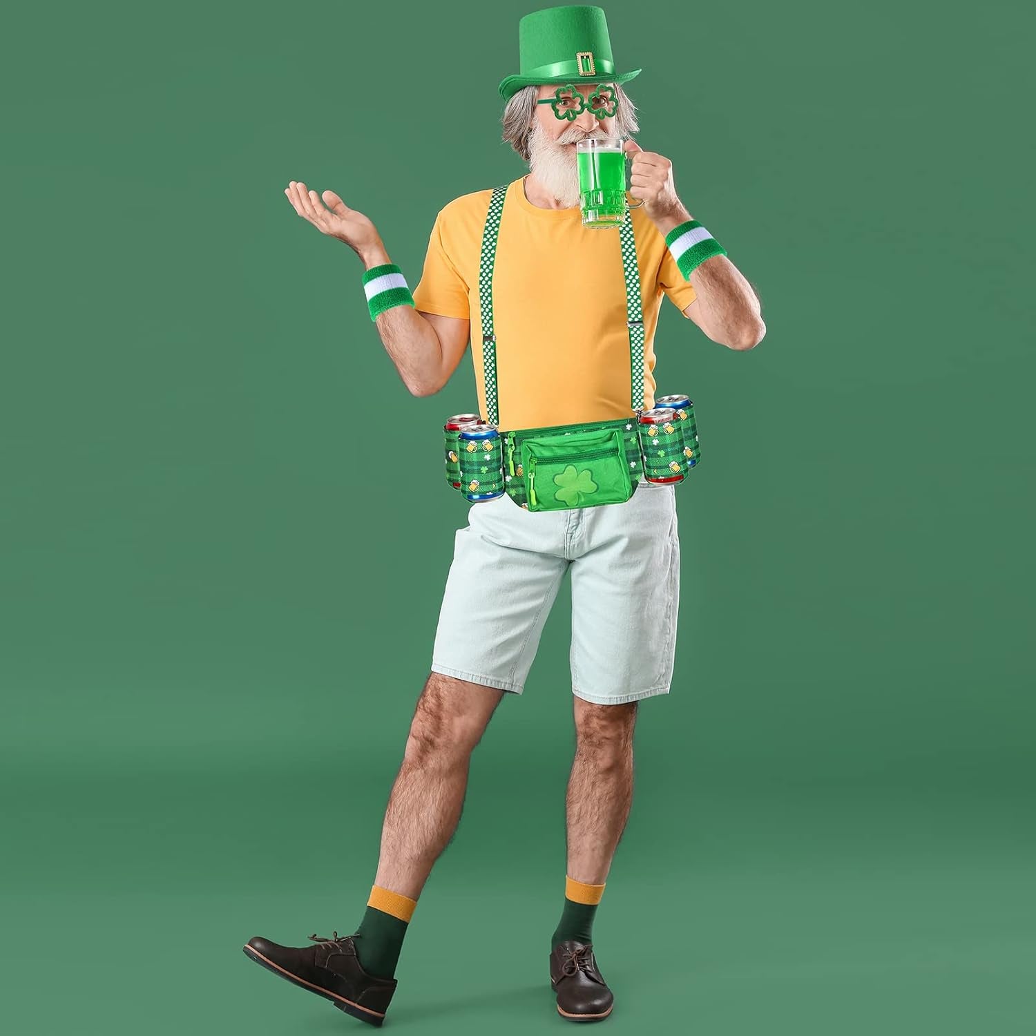 10 Pcs St. Patrick'S Day Fanny Pack Shamrocks Belt Bag Fanny Pack with Suspenders Drink Holder Headband Wristband